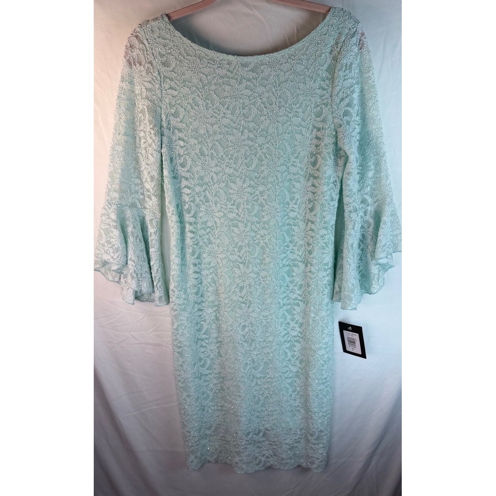 Marina Women Mint Green Metallic Lace Bell Sleeve Sheath Dress Size 6 NWT